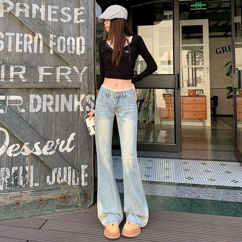 

Women s Spring American-Style Low-Waisted Lace-Trimmed Ripped Denim Wide-Leg Flare Pants Small светло-синий