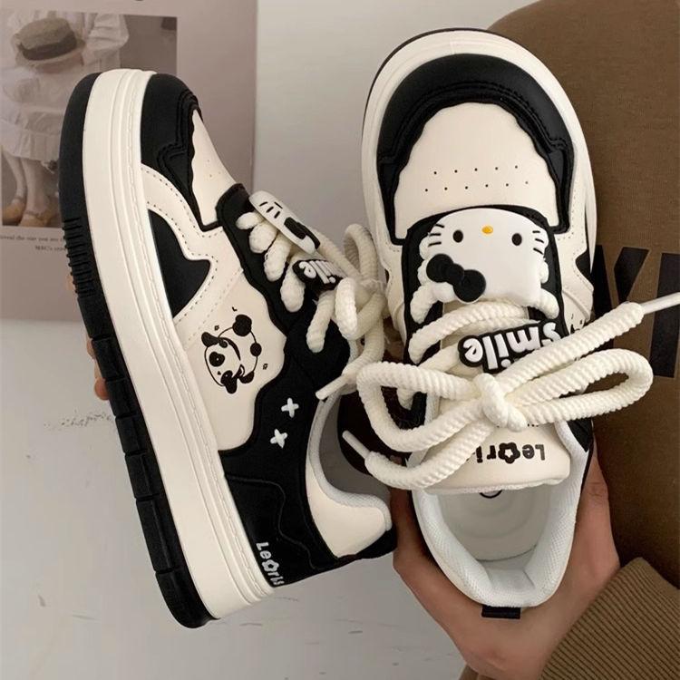 2025 Spring Niche Panda Black and White Ugly Cute Little White Shoes Children Platform Versatile Leisure Students Running Board Shoes Tide