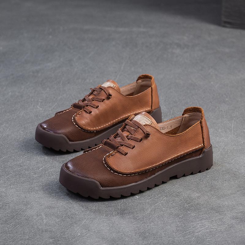 Johnature Retro Genuine Leather Flat Shoes Casual And Comfortable Soft Soled Commuting Women's Shoes