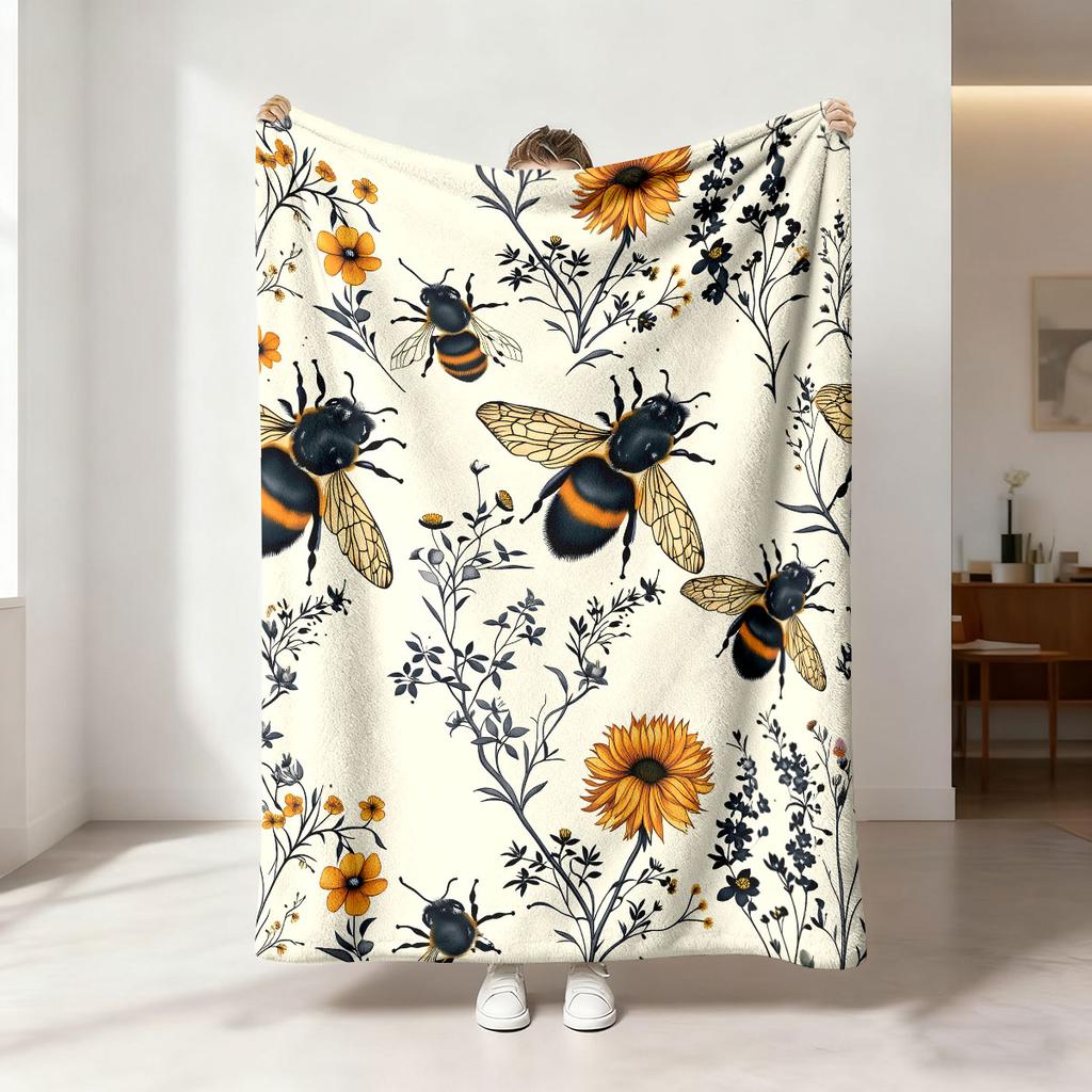 1pc Spring Bee Flower Printed 230 Flannel Blanket In Multiple Sizes, Soft And Comfortable Napping Cover Carpet, Machine Washable