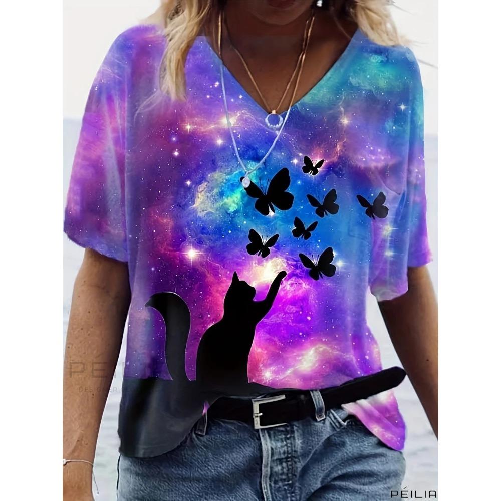 3D retro printed V-neck short sleeved shirt, fashionable women's T-shirt clothing