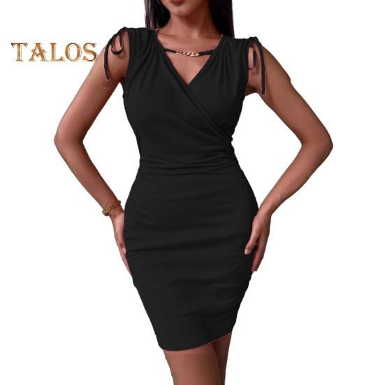 Women's V Neck Bodycon Short Dress Drawstring Sleeveless Mini Dress with Pockets Sexy Ruched Evening Dress for Cocktail Party