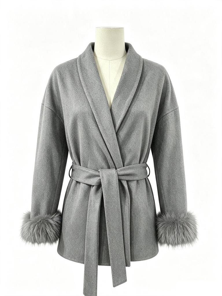 2025 A/W Women's French Tweed Short Coat with Fur Cuffs, V-neck, and Tie-waist - Solid Color.