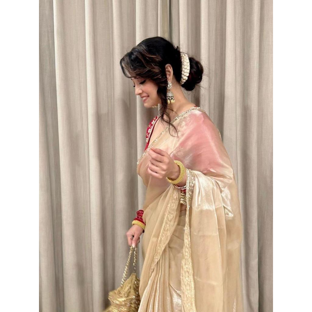 Neuer Launch – Leichter schicker Party-Saree mit Pailletten- und Kutdana-Handarbeit