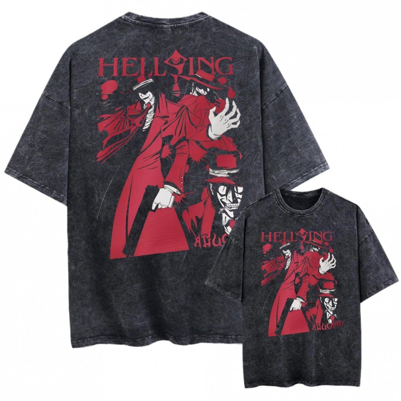 Retro Washed Oversized Black Tshirt Pattern Unisexs and Womens Clothing King of Hell Alucard Anime Character M