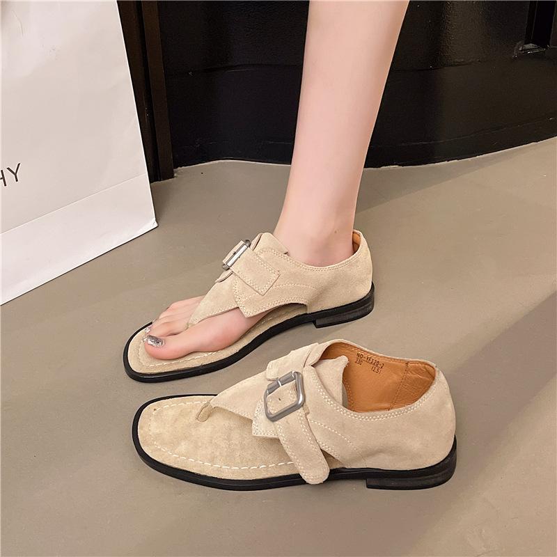 European and American new temperament square head metal buckle Roman style sandals women's character toe retro open-toed low-heeled shoes
