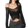 Sexy Women Mesh Long Sleeved T Shirt with Adjustable Straps Black See Through V Neck Split Tops Ladies Summer Clothing