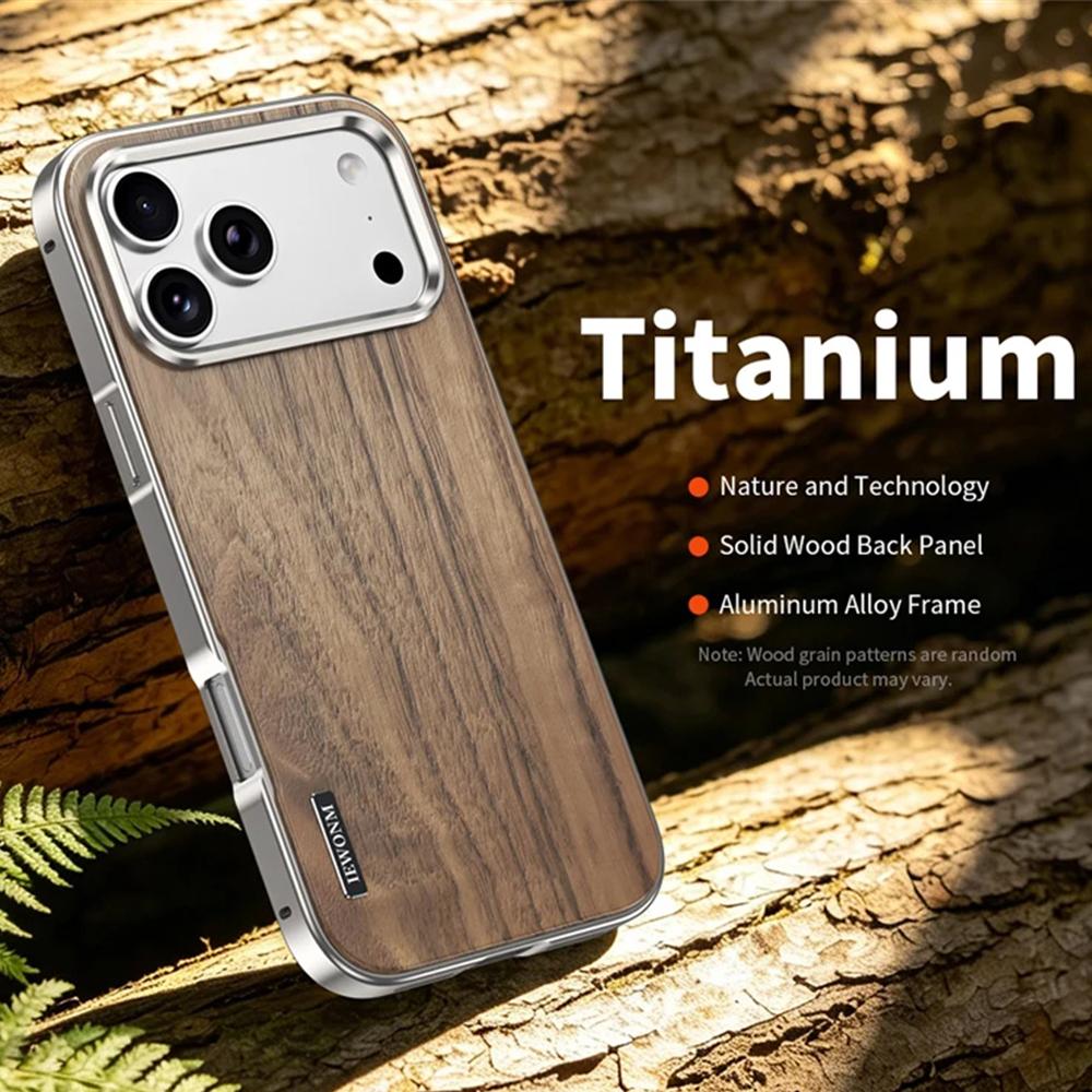 Luxury For iPhone 17 16 15 Pro Max Alloy Solid Wood Back Panel Hybrid Phone Case For Magsafe Wireless Charging Aluminum Alloy Cover