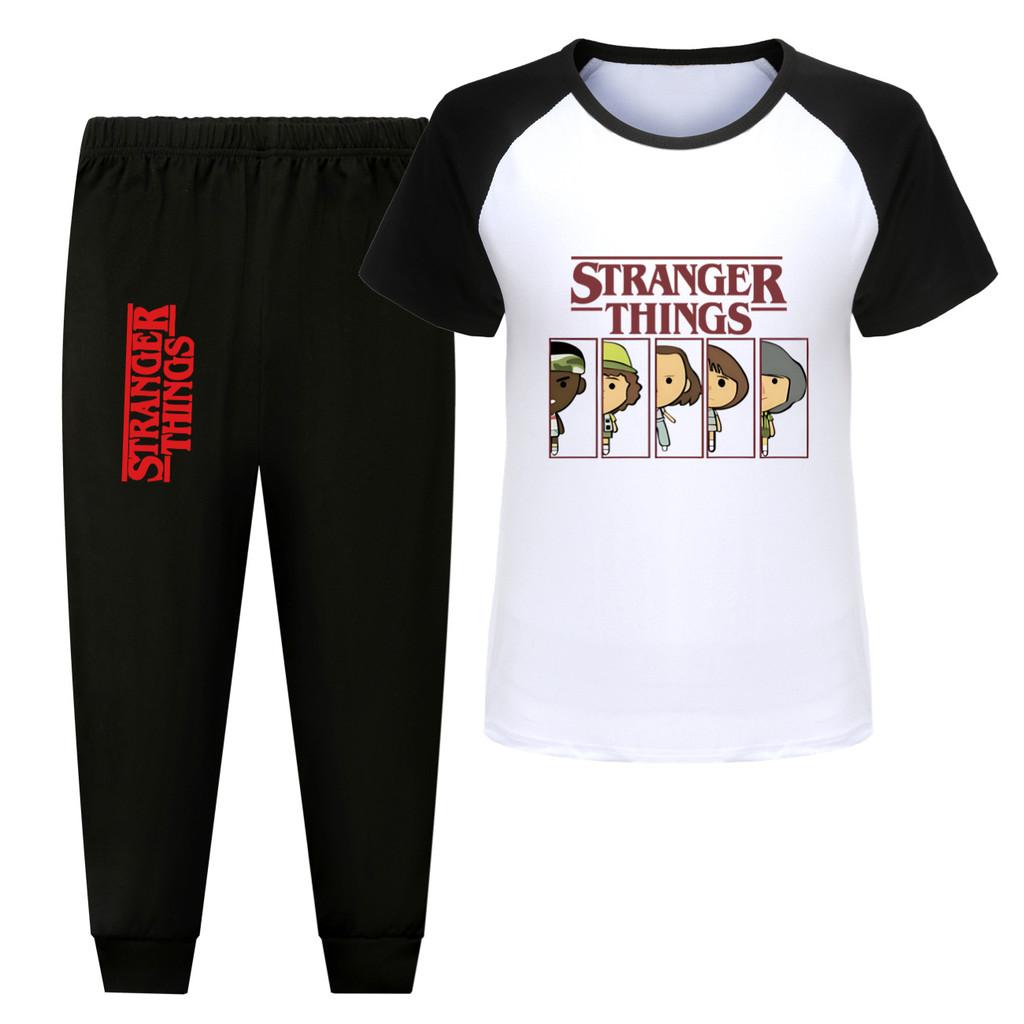 5248 Kids Boys Girls Stranger Print T-shirt Pants Trouser Sport Tracksuit Clothes Set
