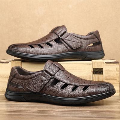 Sommer Neue Herren Leder Atmungsaktiv Lässige Lochschuhe Vater Rutschfest Weicher Boden Vater Ausgehöhlte Ledersandalen