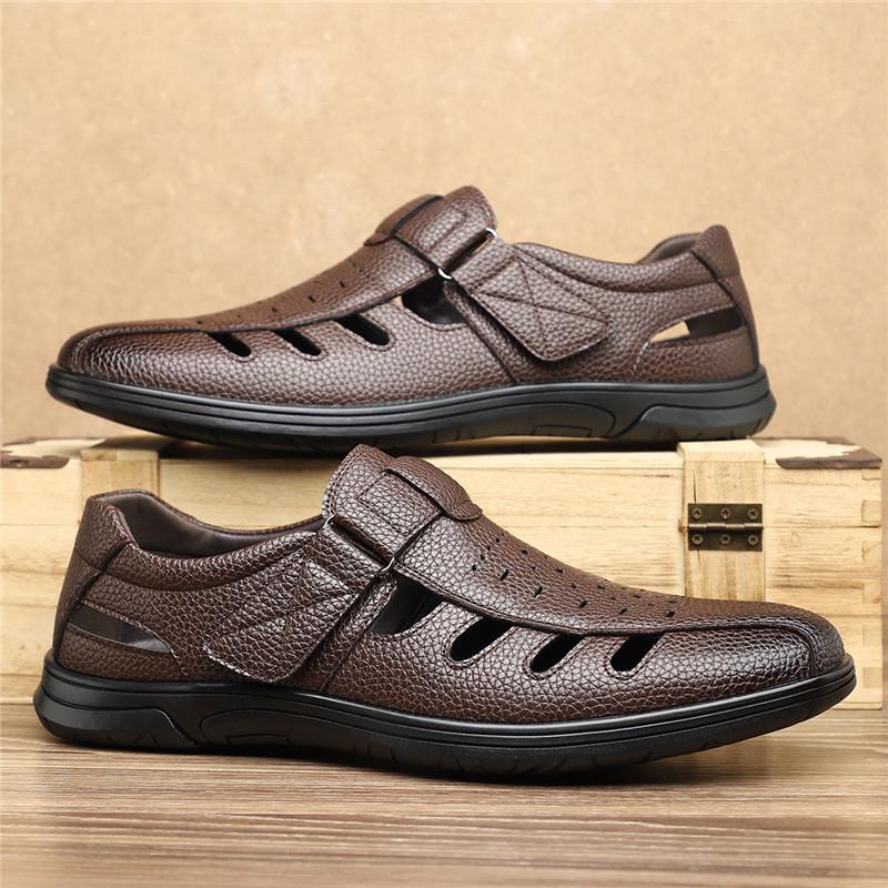 Summer Fashion New Men's Leather Breathable Casual Hole Shoes Father Anti-slip Soft Bottom Father Hollow Out Leather Sandals