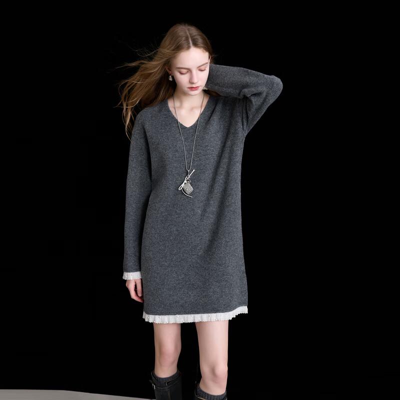 

Sancai 2025 Winter V-Neck Lace-Trim Knitted Mini Dress L