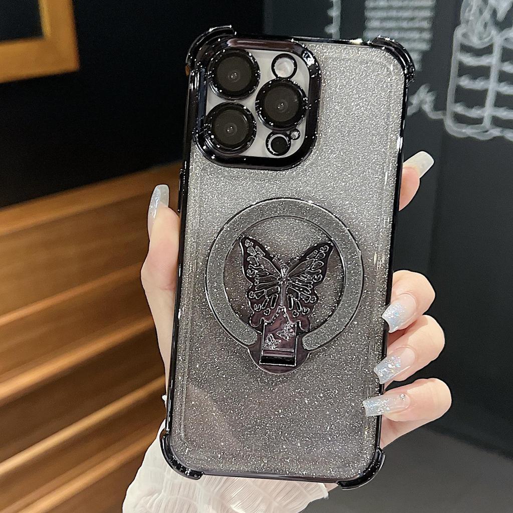 Elektroplatovaný třpytivý motýlí stojánek pro telefony Apple 13/14/15/16 PRO, odolný proti pádu, ochrana čtyř rohů