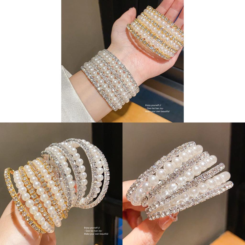 Pearl Multilayer Open Cuff Bracelet With Rhinestone Embellishments For Elegant Women
