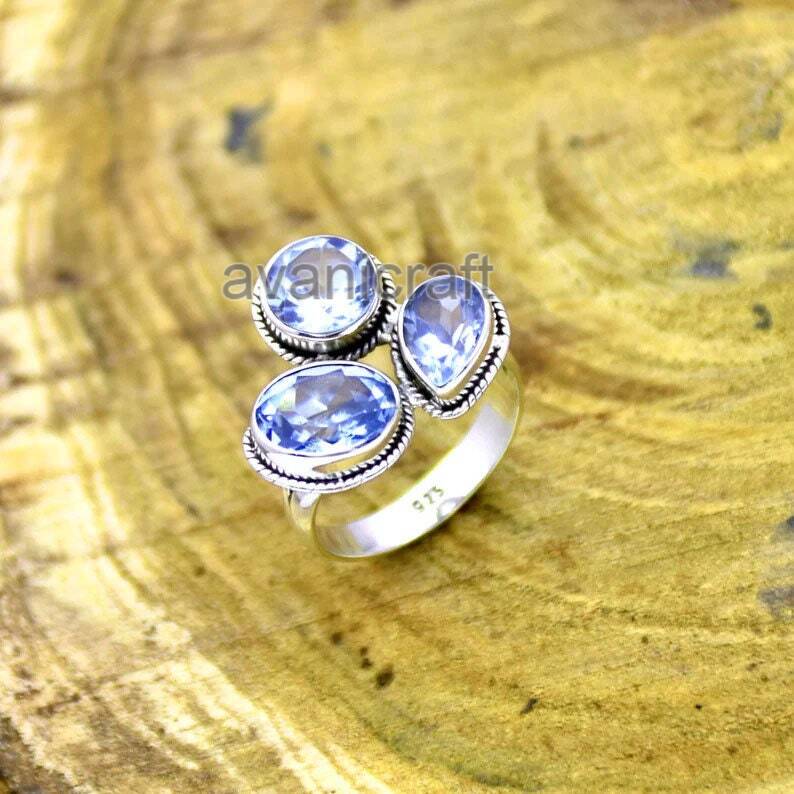 Blue Topaz Gemstone Ring, Handmade Designer Ring, Boho Ring, Silver Charm Jewelry, Statement Ring, 925 Sterling Silver