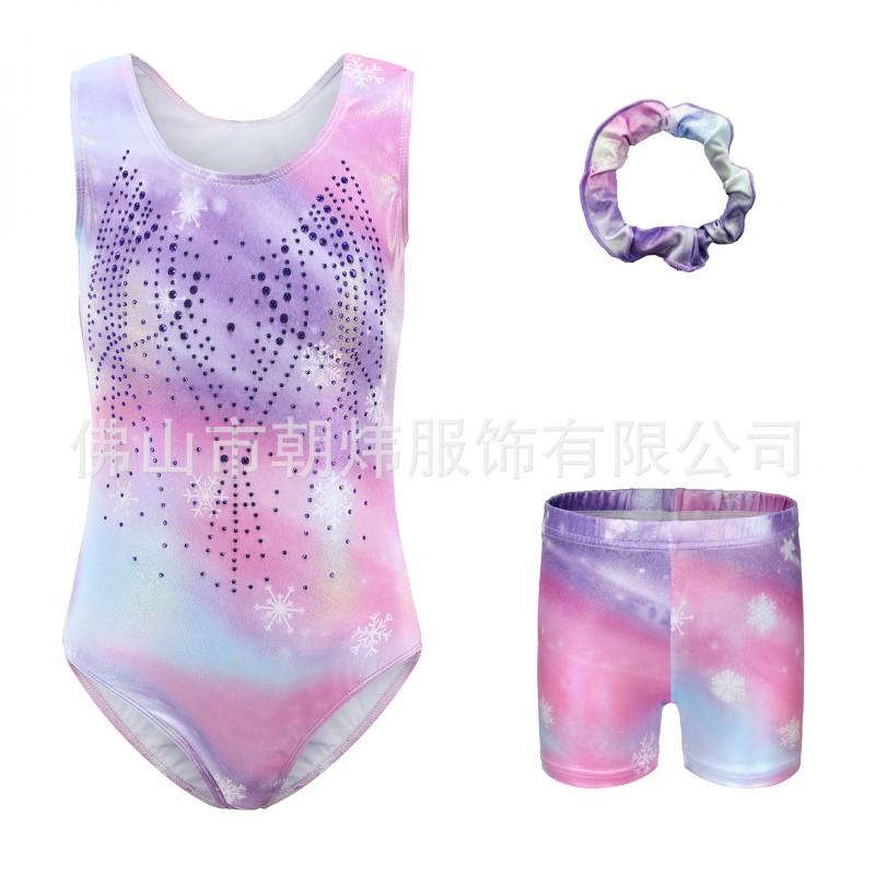 Girls Kids Gymnastics Leotard Dance Outfit Rhinestone Snowflake Training Costume 3pcs Set