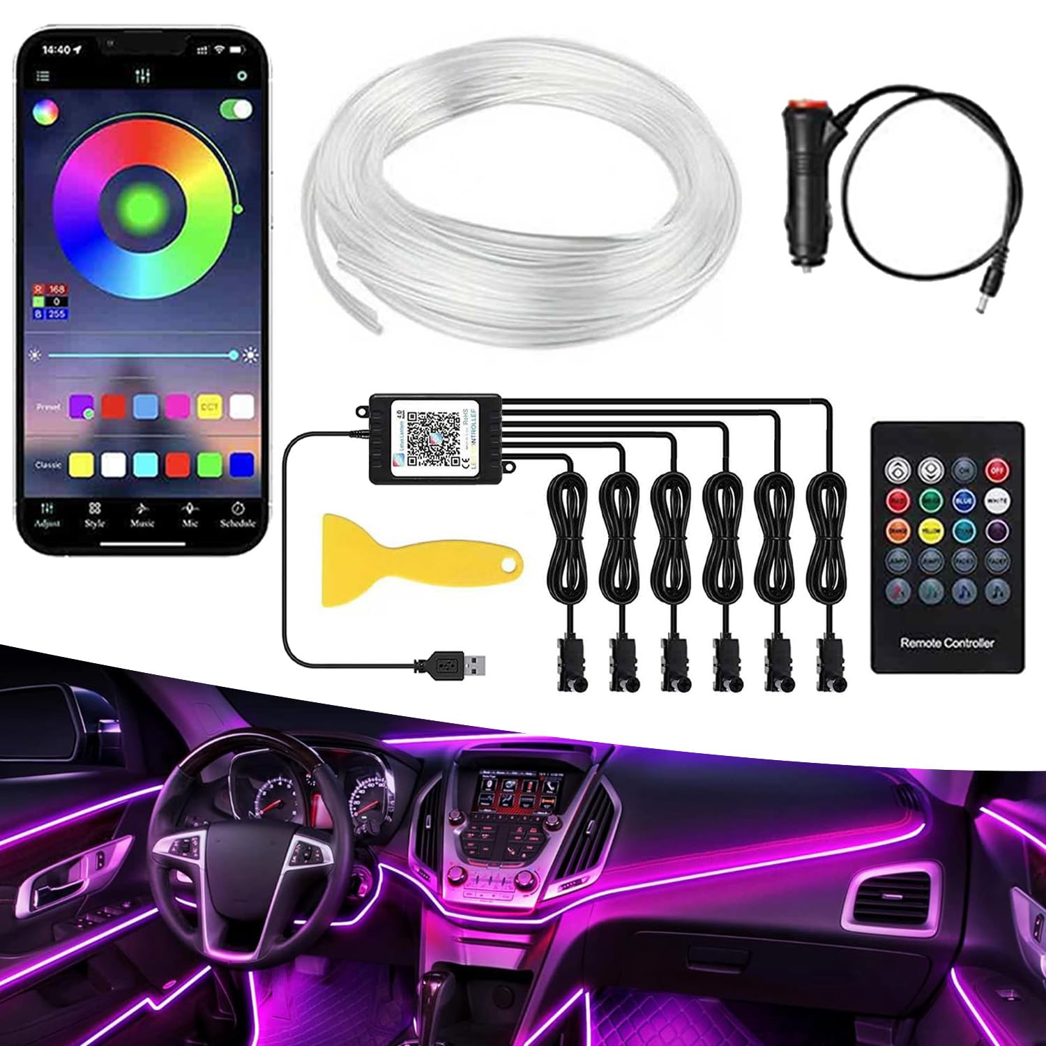 

Ambient Car RGB LED Lighter High Ambient Car Interior Foot Infinitely Adjustable Color Stepless Color Adjustable 8 Smartphone App Control Light,