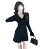 Spring and Autumn New V-Neck Knitted Dress Women's Lotus Leaf Edge Trumpet Sleeve Slim French Small Black Dress Pure Tide