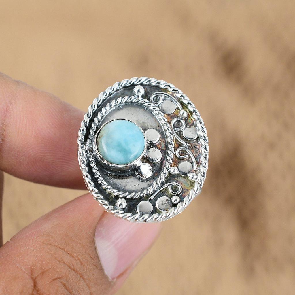 Natural Larimar Gemstone 925 Silver Multi Stone Adjustable Ring For Girls