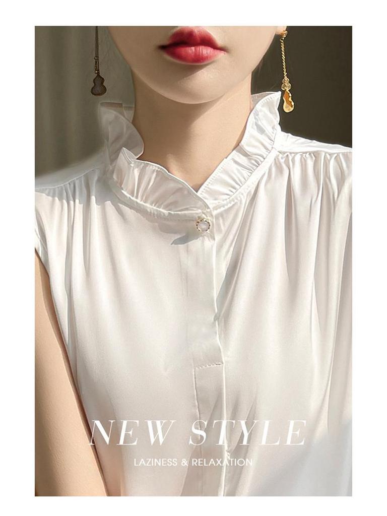 Elegant Satin Stand Collar Sleeveless Layered Shirt for Women