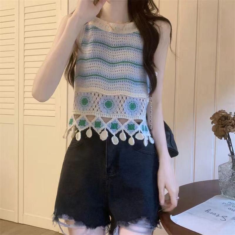 Hollow Flower Embroidery Knitted Crochet Camisole Summer Women's Retro Ethnic Design Tassel Short Top