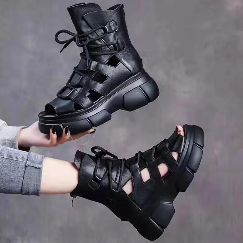 Fashion 2025 New Summer Black Women Pu Leather Sandals Cool Ankle Boots Platform Shoes Wedges Women's Sandals Fashion Outdoor Sandalias