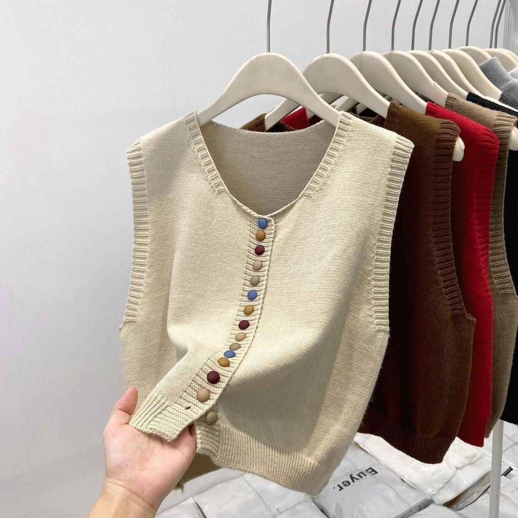 Women's Fashionable Rainbow Button Knitted Unique Layering Crew Neck Vest Loose Sweater Cardigan Top for Spring and Autumn