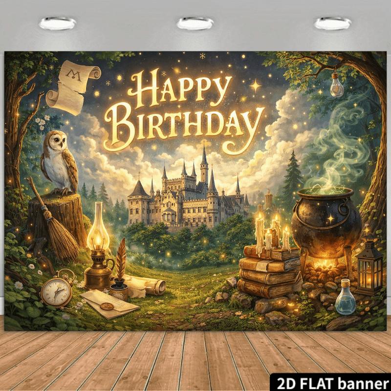 2D Flat Banner - Magic Birthday Theme Background Fabric with "Happy Birthday" Displayed In the Center of the Picture.