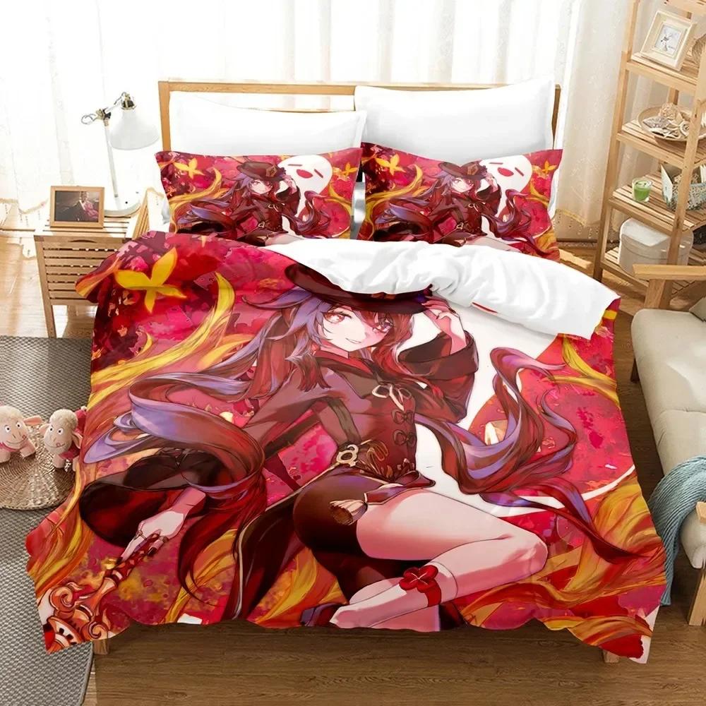 Hu Tao Bedding Set Genshin Impact Duvet Cover 3D Game Home Textile with Pillowcase for Teens Adults Kids Men Women Bedroom Decor