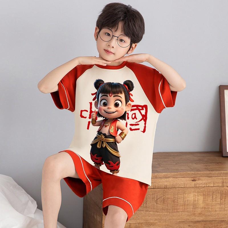 Boys Cotton Short Sleeve Pajama Set Lightweight Sleepwear Kids Teens Home Outfit