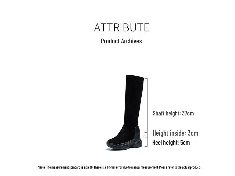 Women's Black Suede Knee-High Boots - 8CM Height Increase, Thick Sole, Plus Velvet, Elastic, 2025 Autumn/Winter Collection