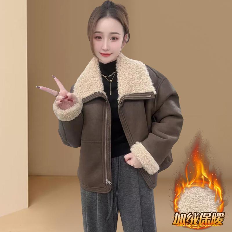 Thickened fur integrated jacket women's short winter new small lapel loose and thin leather jacket