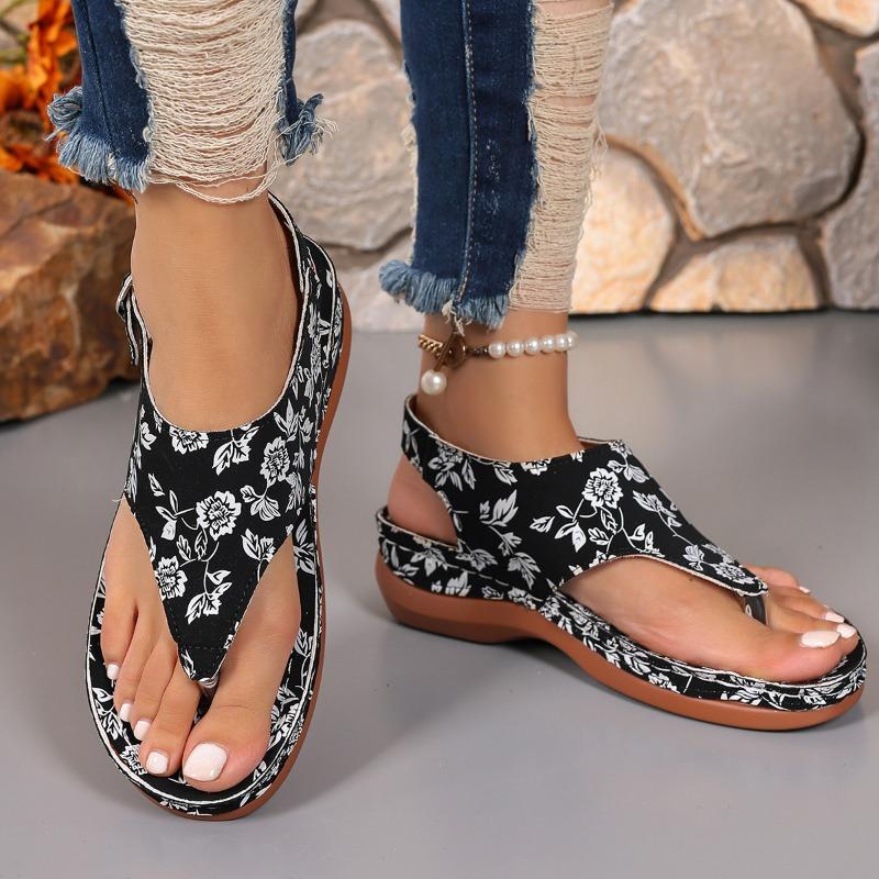 Large Size Herringbone Sandals Women's New Embroidered Flower Back Strap Wedge Heel Women's Sandals