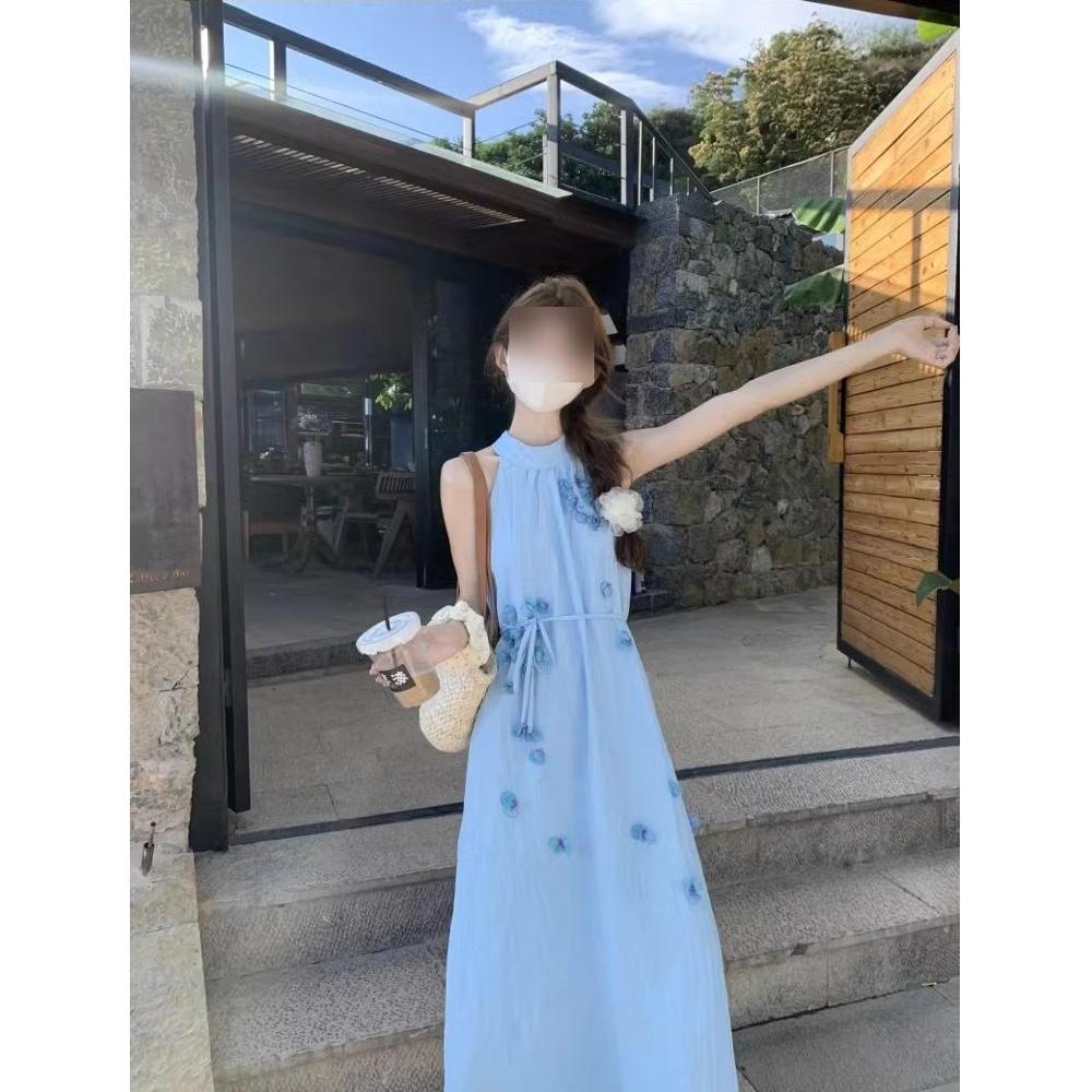 

Синее трехмерное платье с цветочным вырезом для женщин, летнее, нежное, сладкое платье первой любви, темпераментное, супер фея, без рукавов, праздничное платье XL- (recommended 110-60kg)