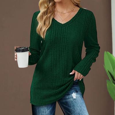 Women Tunic Sweater V-Neck Long Sleeve Solid Color Ribbed Casual Tops Slim