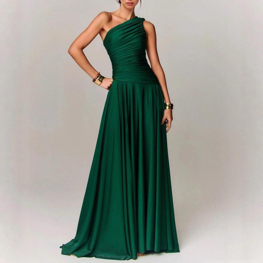 European and American Women's Cross-border Foreign Trade 2025 European and American Style Summer New Slanted Shoulder Waist Evening Dress Pleated 