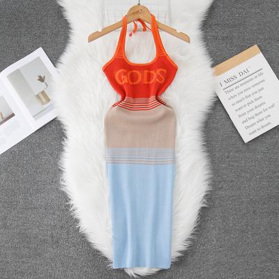 Estate Donna Elegante Lettera Halter Maglione Lavorato a Maglia Mini Corto Aderente Guaina Pullover Abiti