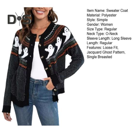 Damen Pullovermantel, Rundhalsausschnitt, Langarm, Geistermuster, Halloween-Strickjacke, Einreiher, Pullover, Strickjacke