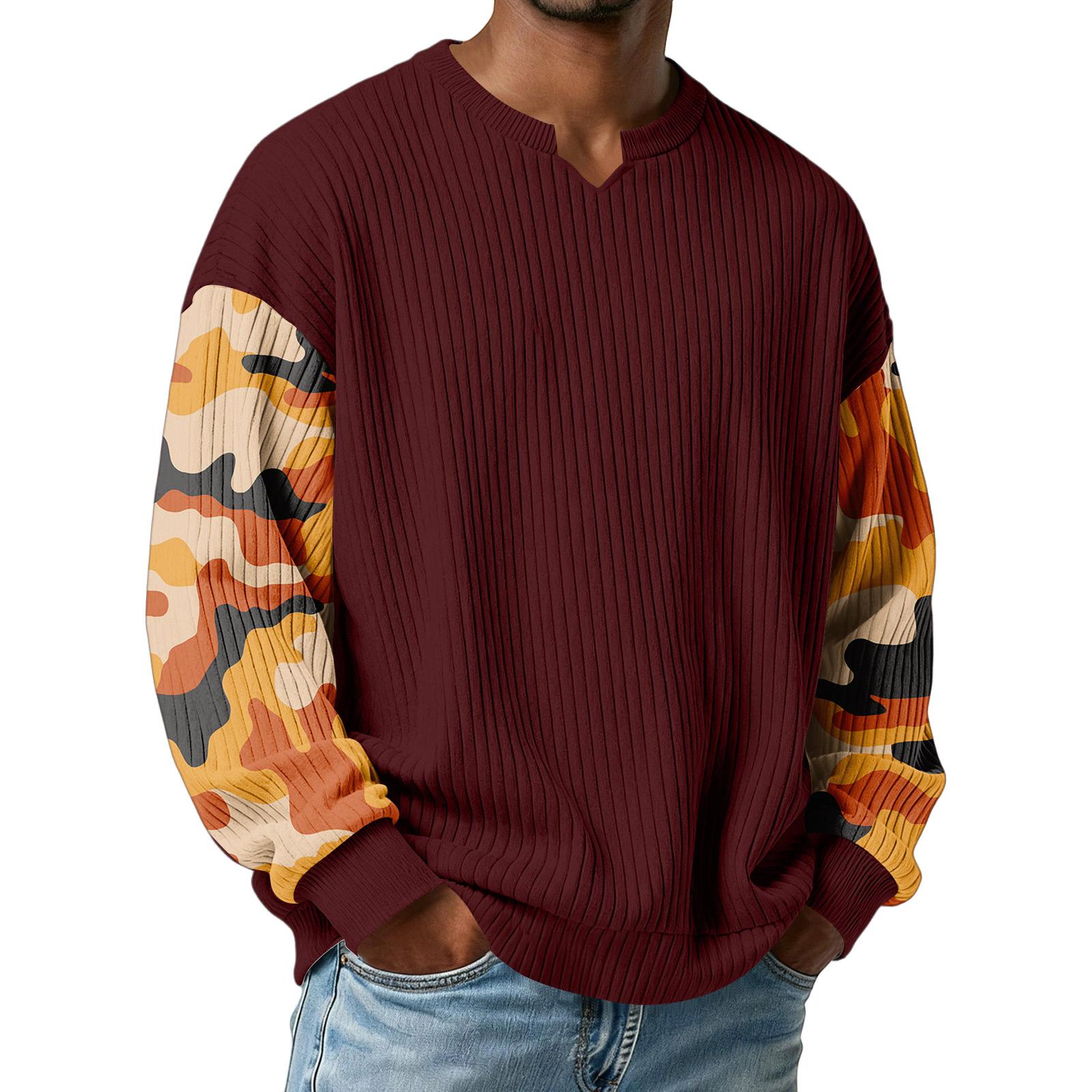 

Men s Camouflage Stylish V-Neck Ribbed Textured Long-Sleeve T-Shirt XL винний