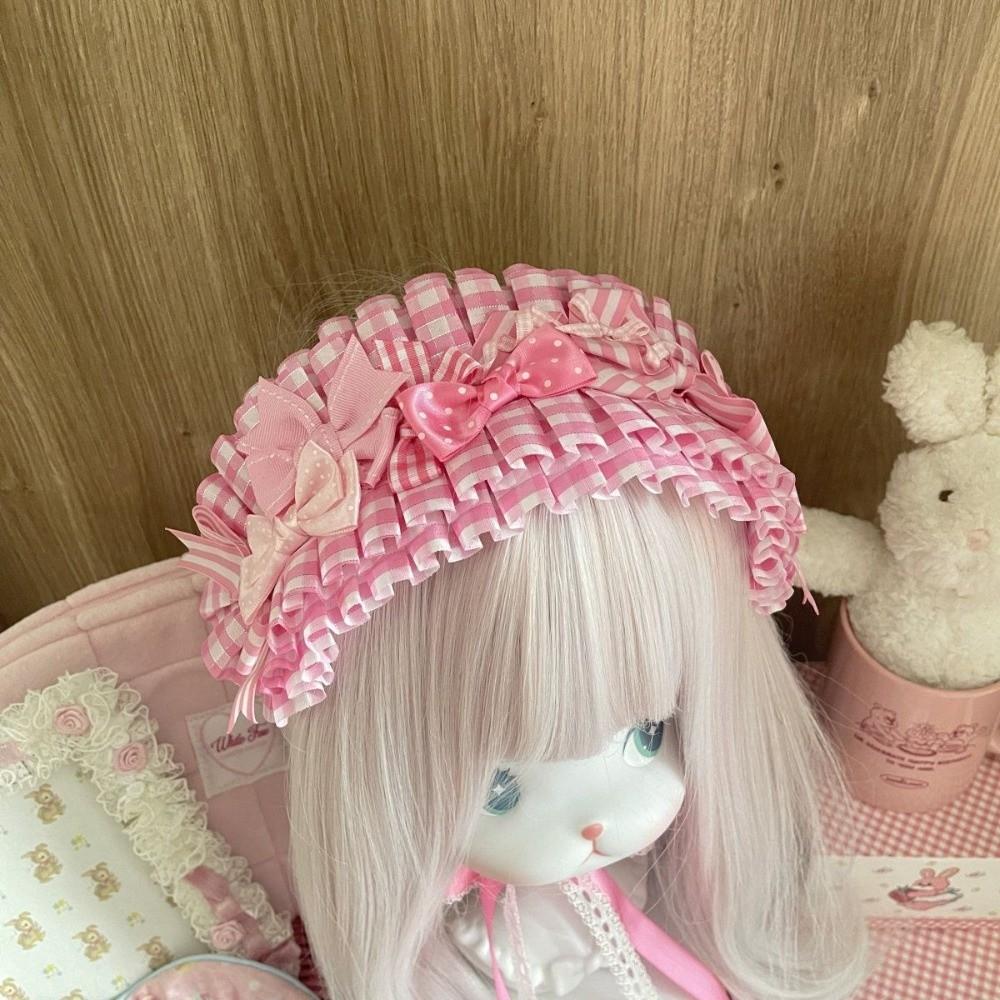 Imitation Pearl Pink Plaid Headband Elegant Lolita Hair Band New Lace Bow Hair Accessory Cosplay Style B