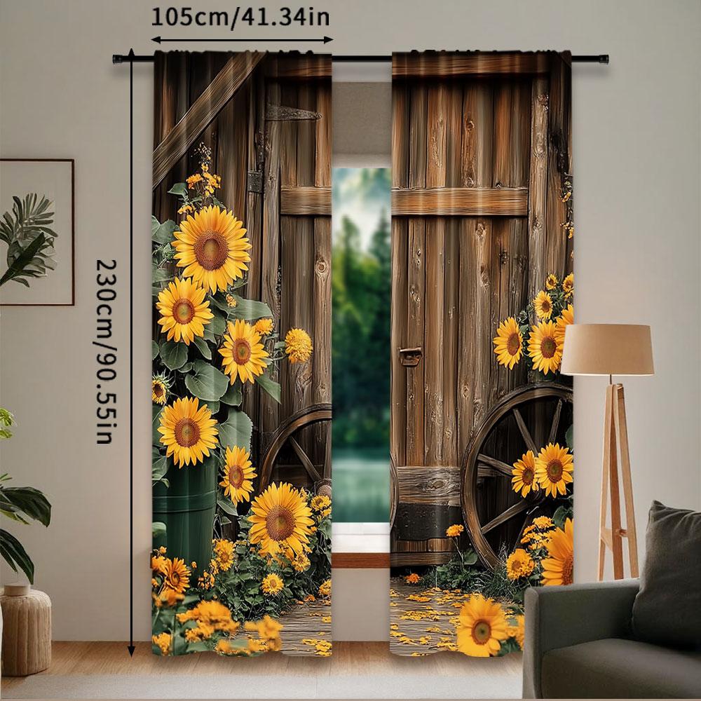 Set aus 2 Vintage-Sonnenblumenmuster-Vorhängen Holzhausrad Geeignet für Wohnzimmer Schlafzimmer Bauernhaus-Vorhang Polyester Ideal für Groß