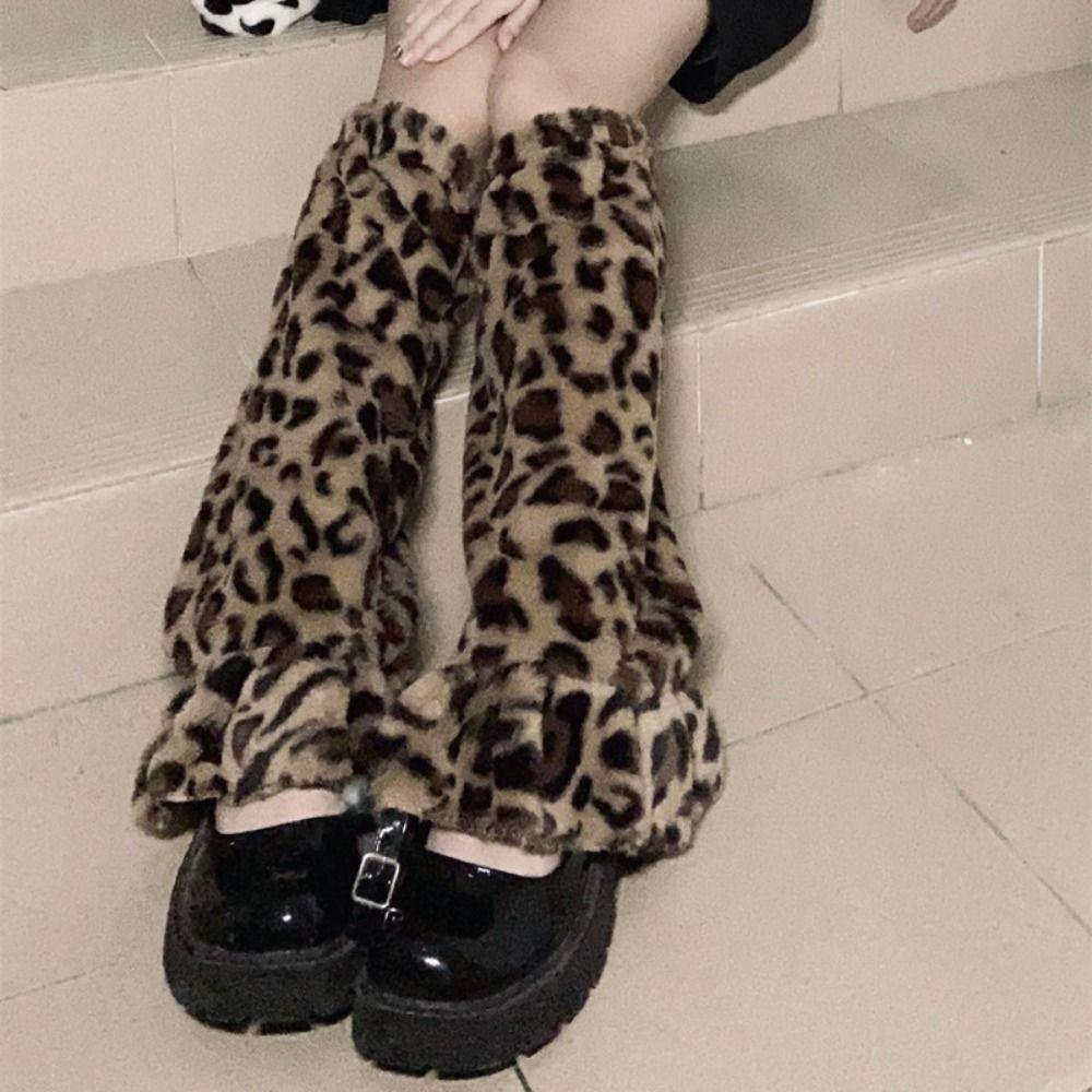 Soft Leopard Print Winter Leg Warmers Dot Stripe Pleated Furry Leg Warmers Kawaii Lolita JK Plush Leg Coverings Accessories