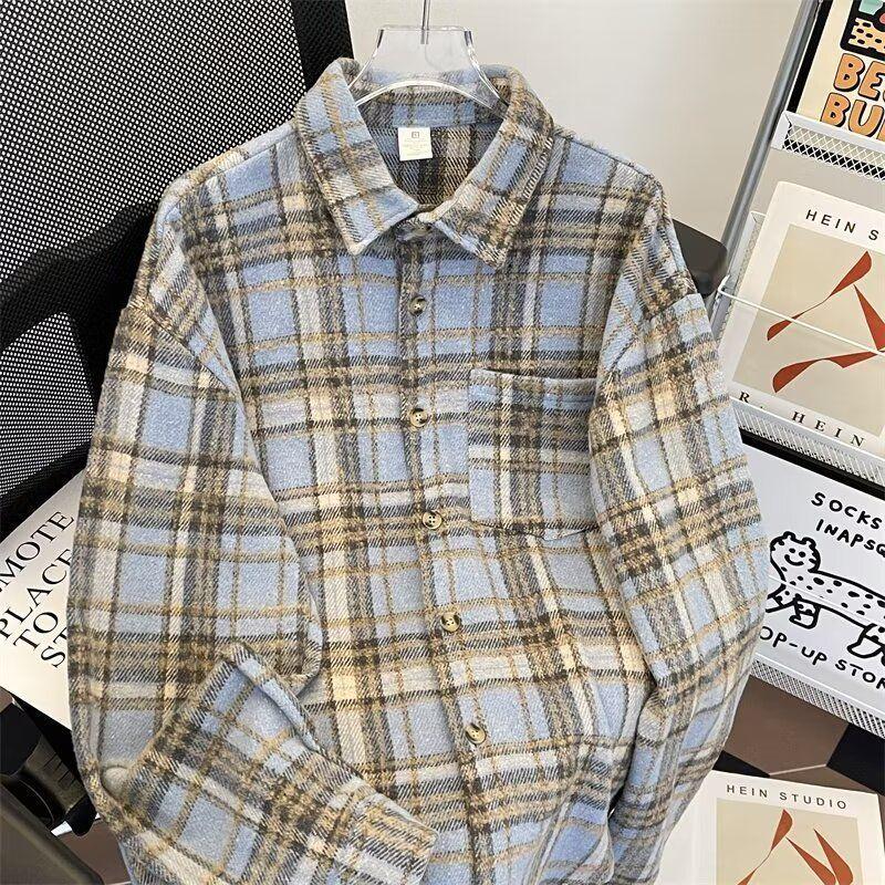 Women's Retro Plaid Wool Shirt - Autumn/Winter, Loose Fit, Long-Sleeves, Unisex Outerwear