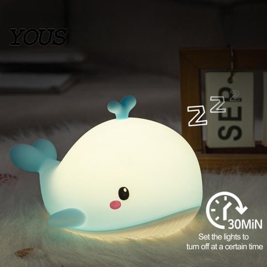 Rechargeable Bedroom Decor Cute Whale Silicone Touch Night Light, USB Bedside Lamp with Soft Sensor Light 3 Brightness & Remote Control, 30 Min Timer