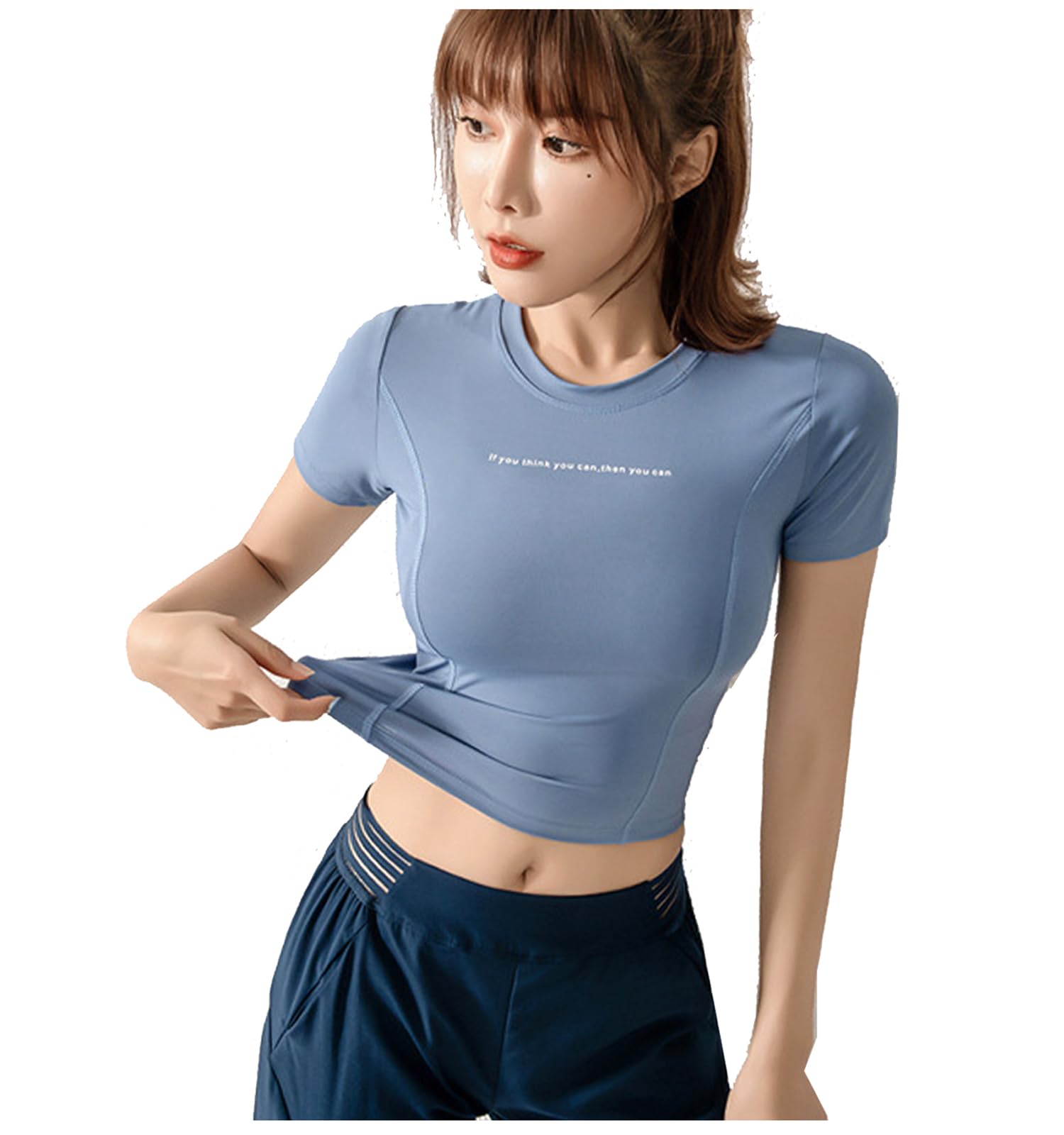 

Yuoku Йога Шорты Слим Фитнес A01 Женский Топ, Рукав, Посадка, Влагоотводящий, Быстросохнущий, Эластичный, Футболка (Л, Синий)