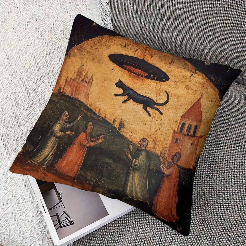 Medieval Ufo Black Cat Pillow Cover Vintage Renaissance Art Print Weird Cushion Case For Sofa Bed Couch Home Decor
