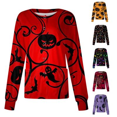 Damski wzór z długim rękawem, kieszonkowy, roboczy nadruk na Halloween, stójka, jednorzędowy kombinezon ochronny, kurtka typu cardigan Top