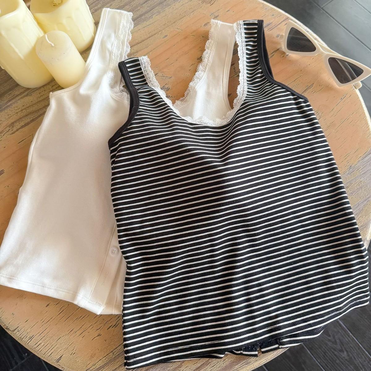 

Striped Lace Trim Tank Top With Built In Bra OneSize сірий