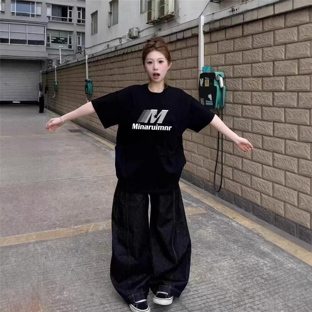 Pure cotton American high street black short-sleeved t-shirt women's summer new loose large size fat mm design niche top