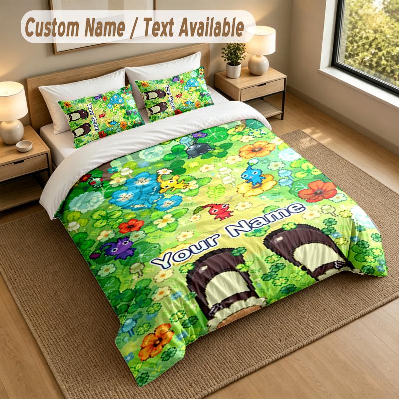 3Pcs Bedding Set Custom Name Text, 1 Sheet 2 Pillowcases Home Bed DecorPikmin